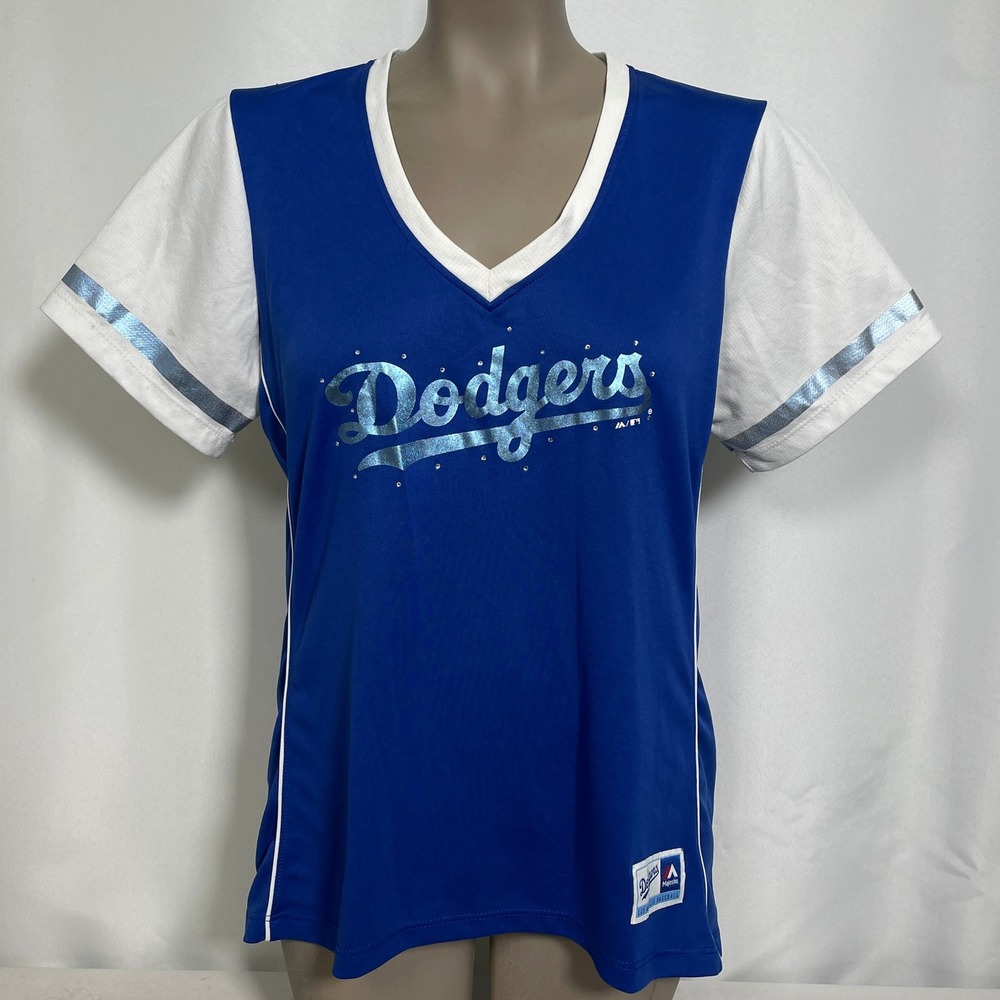 Los Angeles Dodgers MLB Majestic Blue White Rhinestone Jersey Top Women's XL